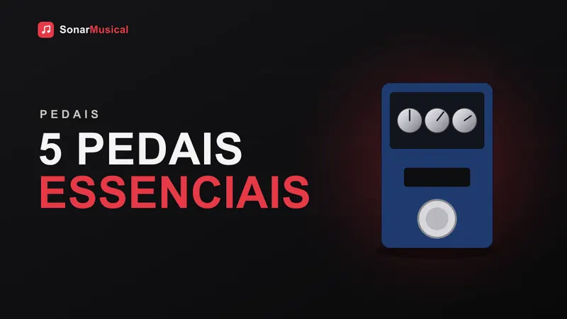 Pedalboard com pedais coloridos conectados em série no chão do estúdio