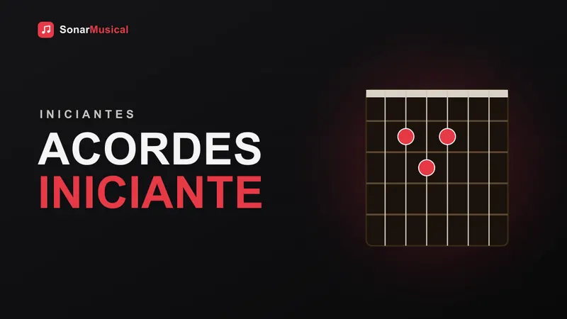 Mãos de iniciante formando um acorde no braço de uma guitarra, dedos pressionando as cordas