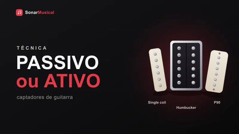 Close-up das captações de uma guitarra elétrica com foco nas bobinas