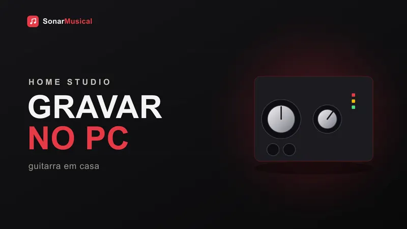 Setup de home studio com interface de áudio, monitores e guitarra pronto para gravação