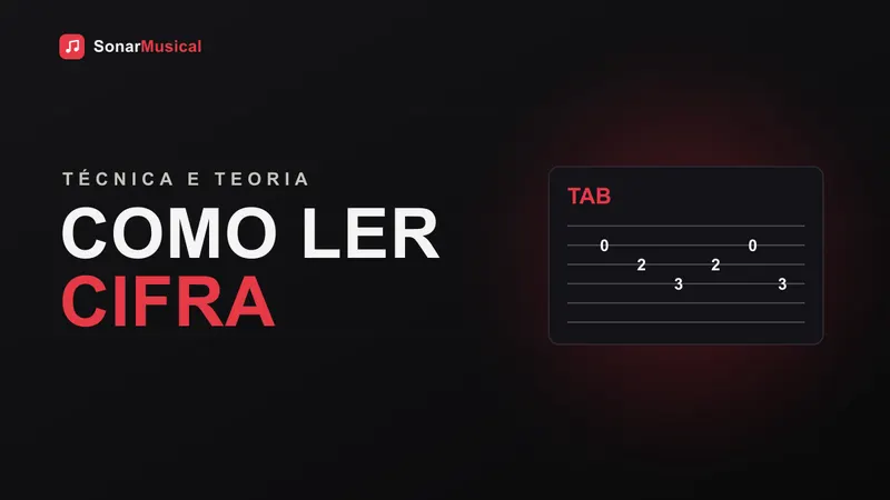 Mãos de iniciante formando um acorde no braço de uma guitarra enquanto lê uma cifra