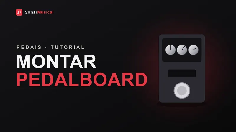 Pedalboard com múltiplos pedais de efeito organizados e com cabos