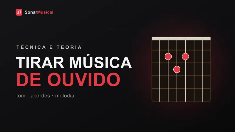 Guitarrista tirando uma música de ouvido no braço da guitarra, capa do Sonar Musical