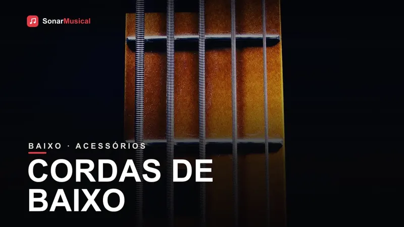 Cordas de um contrabaixo de cinco cordas sobre o braço e os trastes