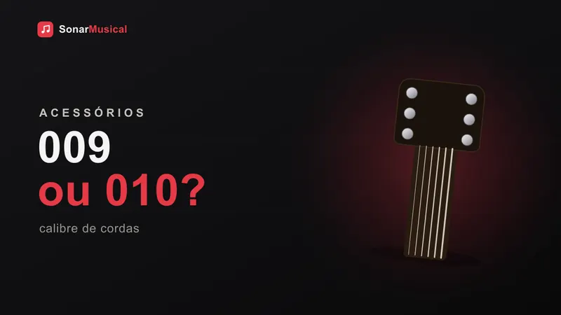 Close-up das cordas de uma guitarra elétrica sobre os captadores mostrando os calibres diferentes