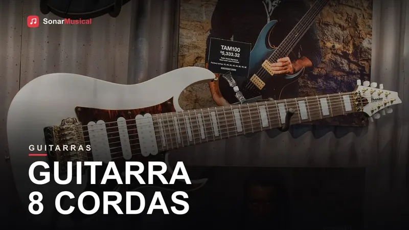 Braço de guitarra de 8 cordas em close mostrando o espaçamento largo entre as cordas graves