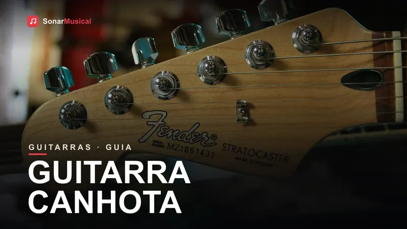 Mão de uma Fender Stratocaster canhota exposta em feira de guitarras