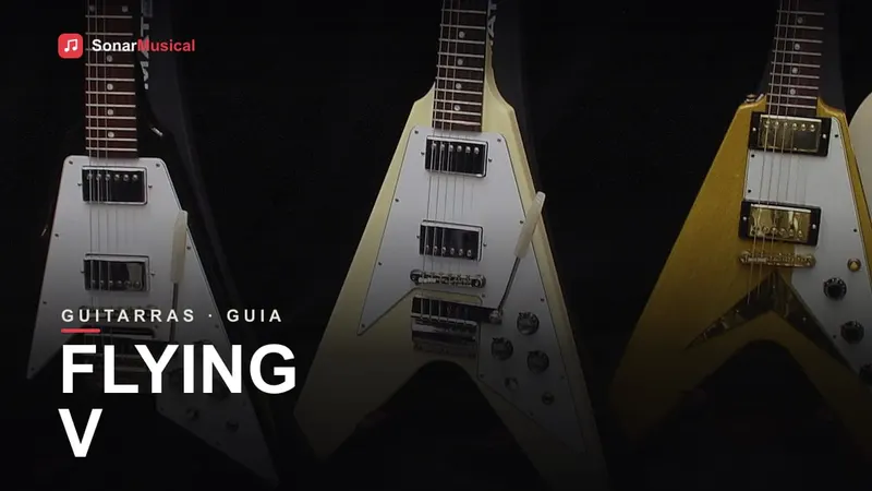 Guitarra Flying V preta em formato de V, capa do Sonar Musical