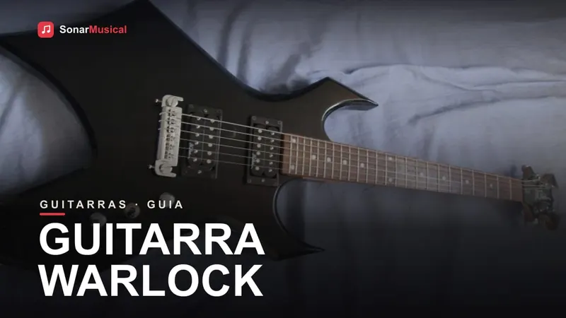 Guitarra B.C. Rich Warlock preta, de corpo angular e dois humbuckers, com braço fino