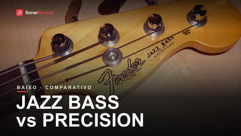 Headstock de um Fender Jazz Bass com as tarraxas e o logotipo