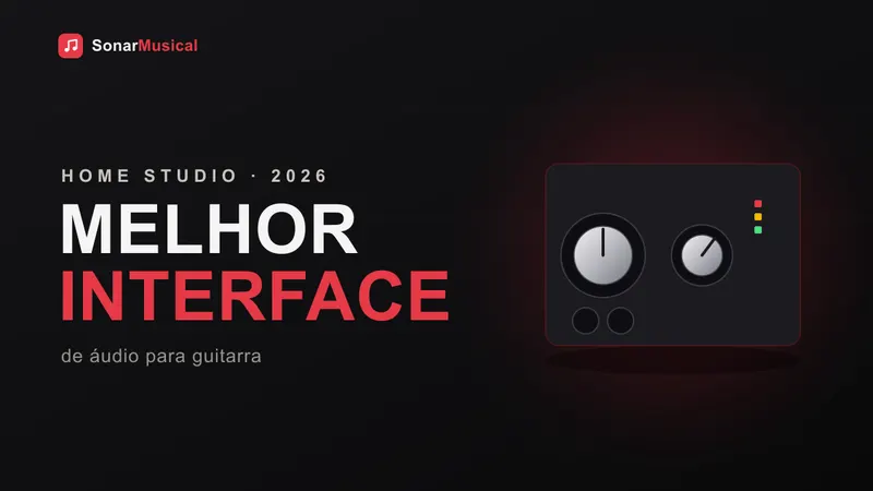 Setup de home studio com interface de áudio, monitores e guitarra