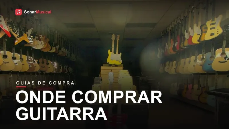 Guitarras penduradas na parede de uma loja de instrumentos, capa do Sonar Musical