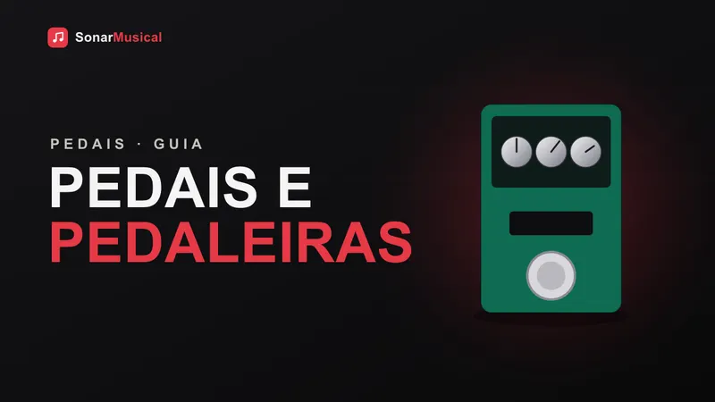 Pedais de guitarra coloridos conectados sobre um pedalboard
