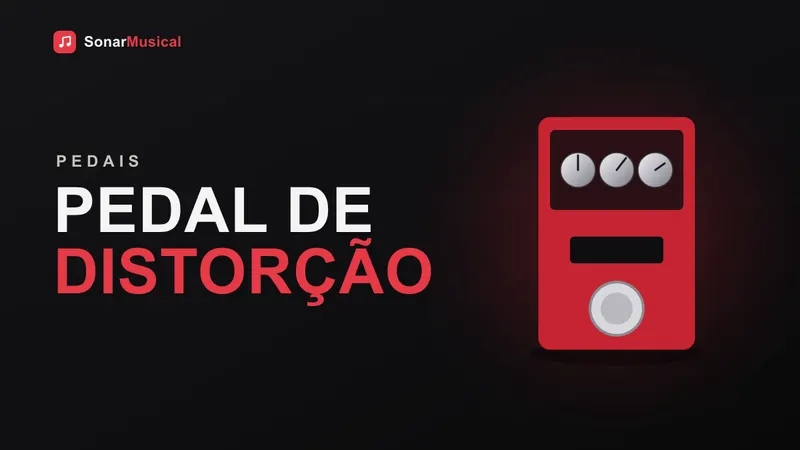 Pedal de distorção para guitarra nas cores vermelho, branco e preto sobre um pedalboard