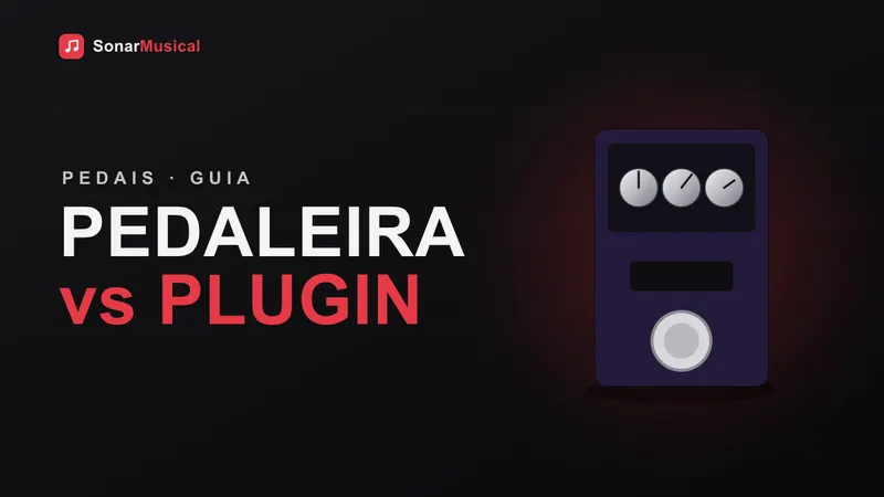 Pedaleira de guitarra ao lado de uma tela com plugin de amplificador, capa do Sonar Musical