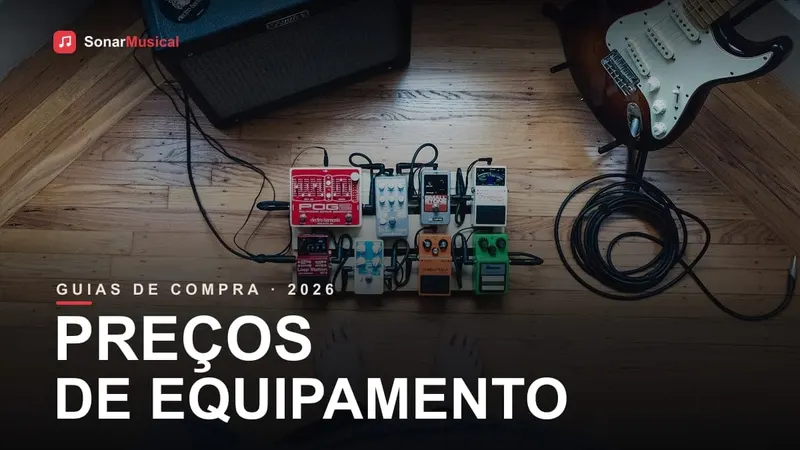 Equipamentos de guitarra com etiquetas de preço, capa do Sonar Musical