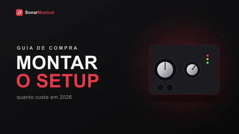 Guitarra elétrica, amplificador de prática, cabo e acessórios organizados sobre o chão de madeira