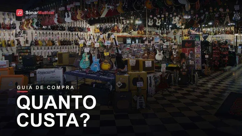 Guitarra elétrica colorida em loja de instrumentos musicais