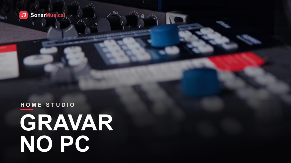 Setup de home studio com interface de áudio, monitores e guitarra pronto para gravação
