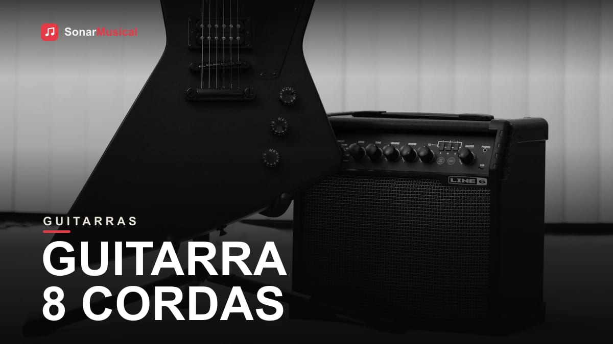 Braço de guitarra de 8 cordas em close mostrando o espaçamento largo entre as cordas graves
