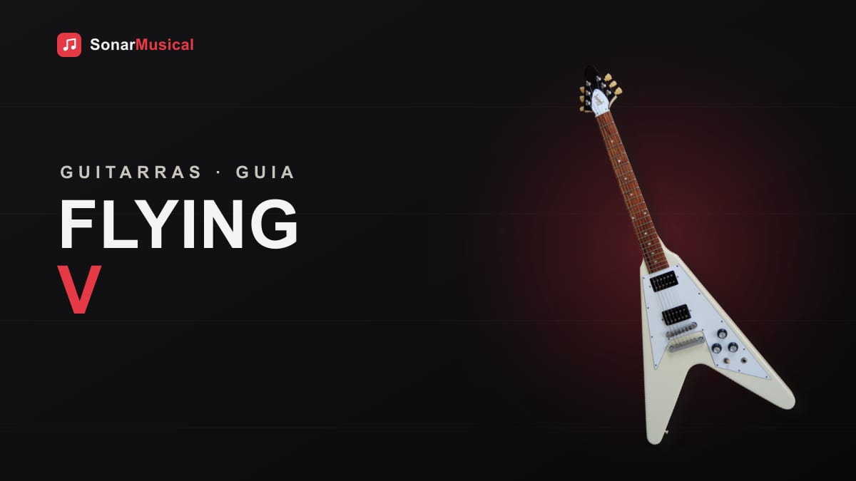 Guitarra Flying V preta em formato de V, capa do Sonar Musical