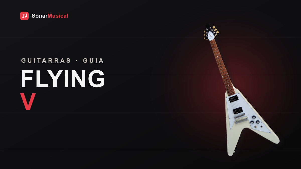 Guitarra Flying V preta em formato de V, capa do Sonar Musical