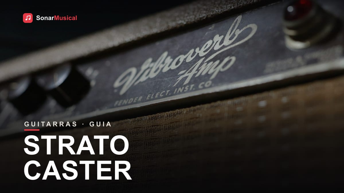 Guitarra Stratocaster com corpo sunburst e três captadores single coil apoiada em amplificador
