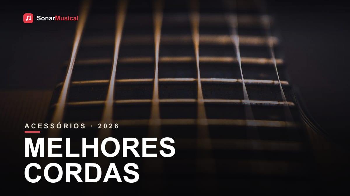 Close-up das cordas de guitarra elétrica com detalhe do braço e trastes