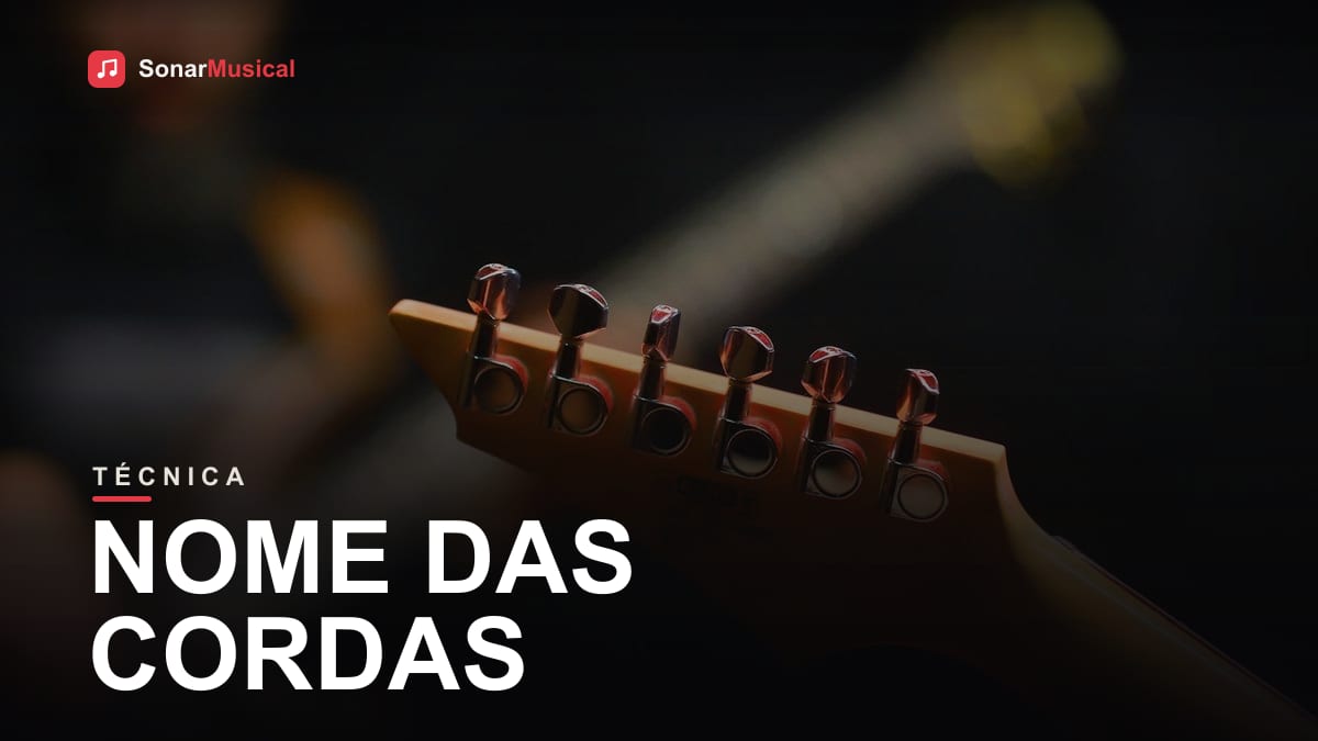 Close-up do cabeçote de uma guitarra elétrica com as tarraxas e cordas visíveis