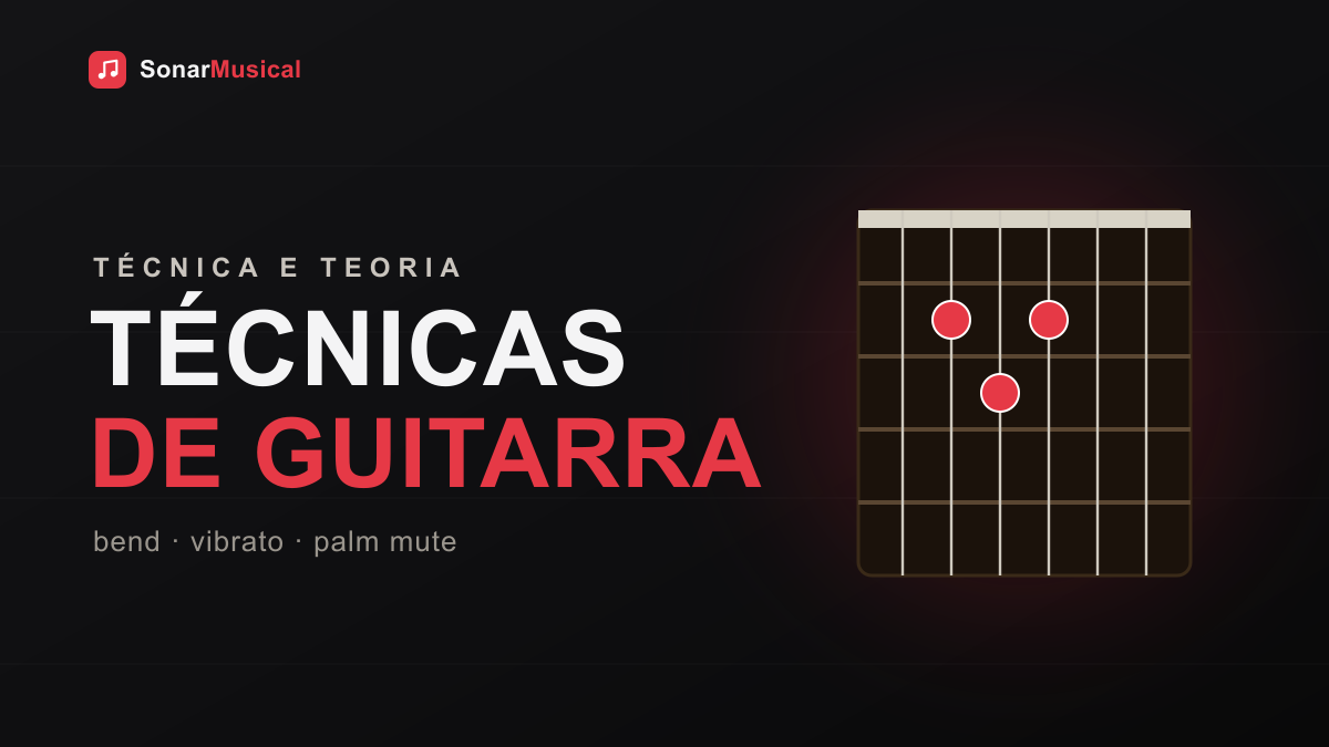 Técnicas De Guitarra — ilustração de um diagrama de braço de guitarra, capa do Sonar Musical