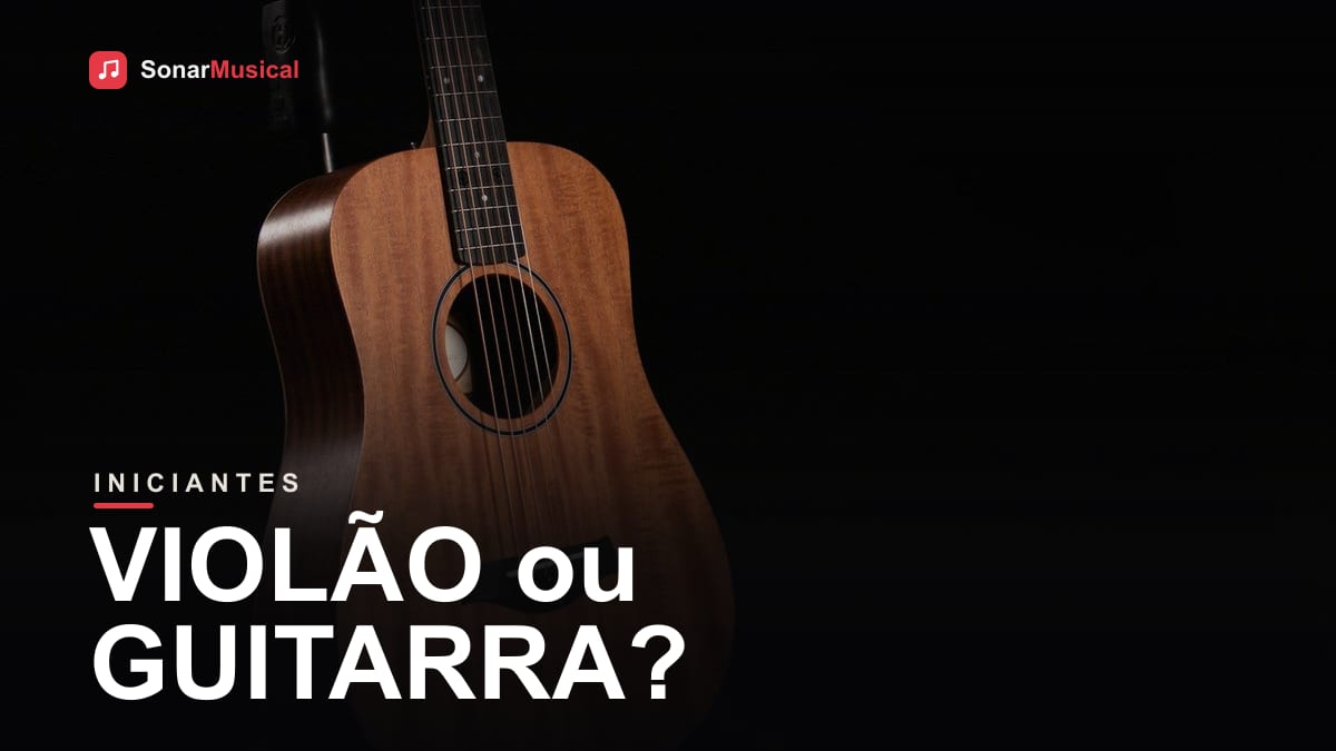Violão acústico e guitarra elétrica lado a lado sobre fundo escuro