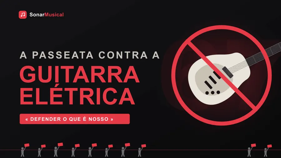 Cartaz ilustrado da Passeata Contra a Guitarra Elétrica de 1967, com uma multidão em marcha