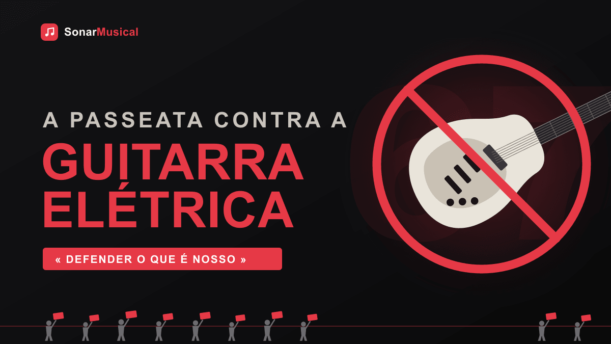 Cartaz ilustrado da Passeata Contra a Guitarra Elétrica de 1967, com uma multidão em marcha